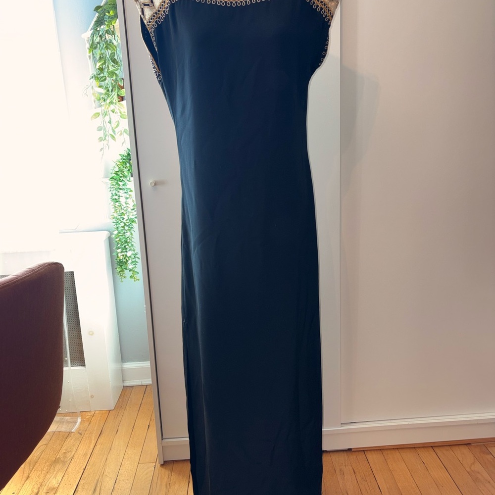 Nili Lotan Navy Maxi Dress with Embroidered Detail